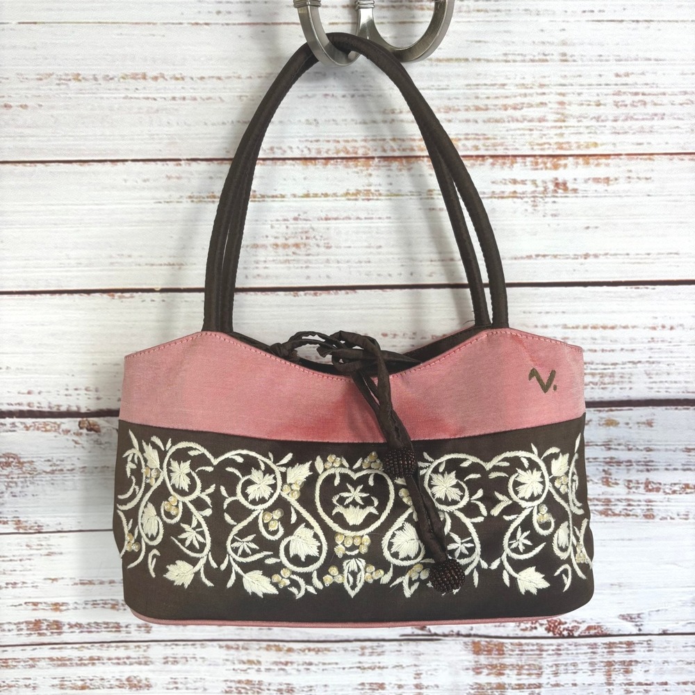 Vintage Shoulder Bag Claire V. Small Pink Brown 100% Silk Embroidered Beaded